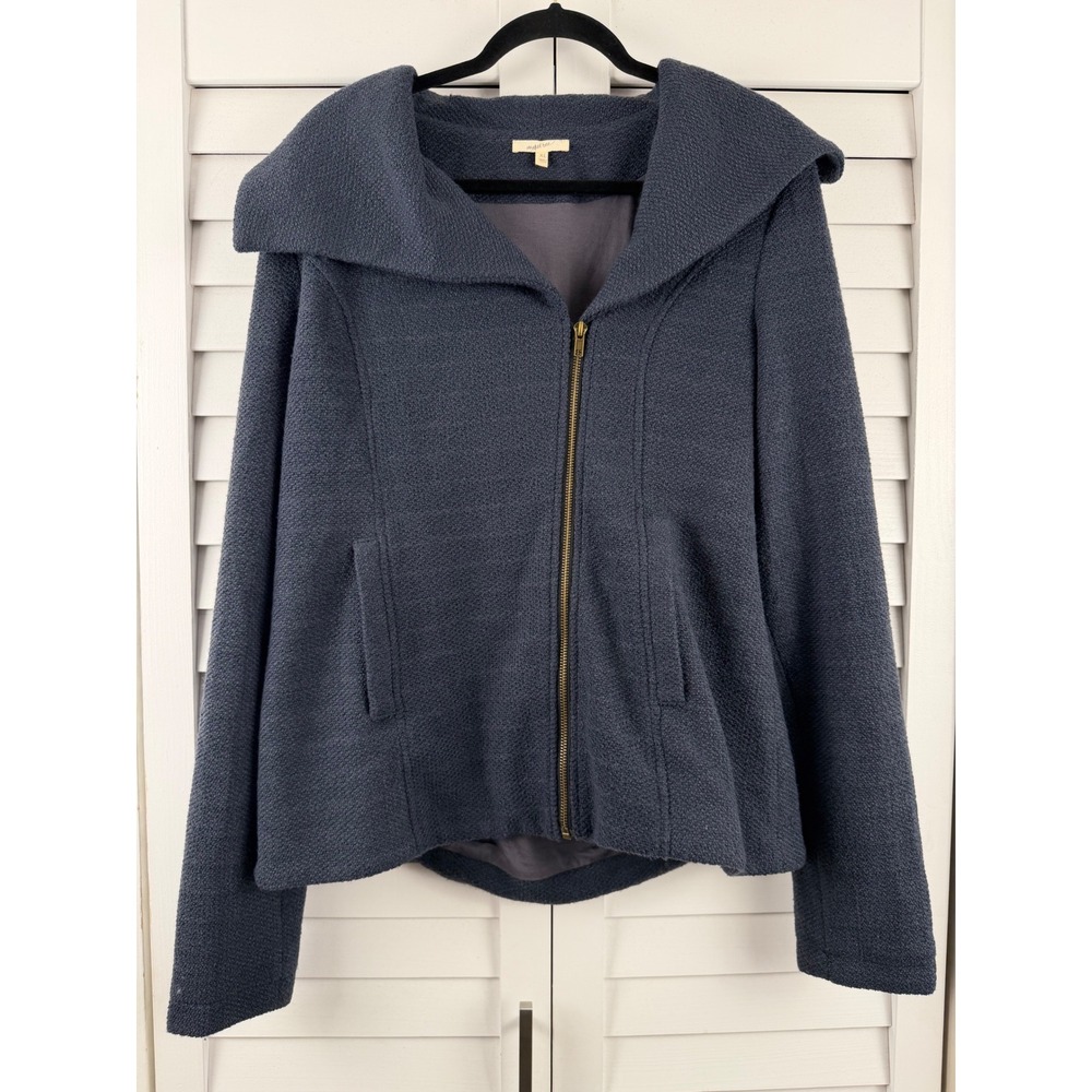 Mystree Textured Zip Up Jacket‎ Women XL Blue Shawl Collar Pocket Boucle